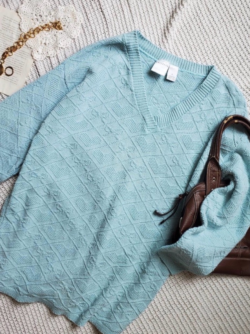 Vintage Blue Patterned V-Neck Knit Sweater